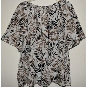 Catherines 2Xp Top Short Slv Smocked Blouse Tassel Tie Leaf Print Pullover Shirt